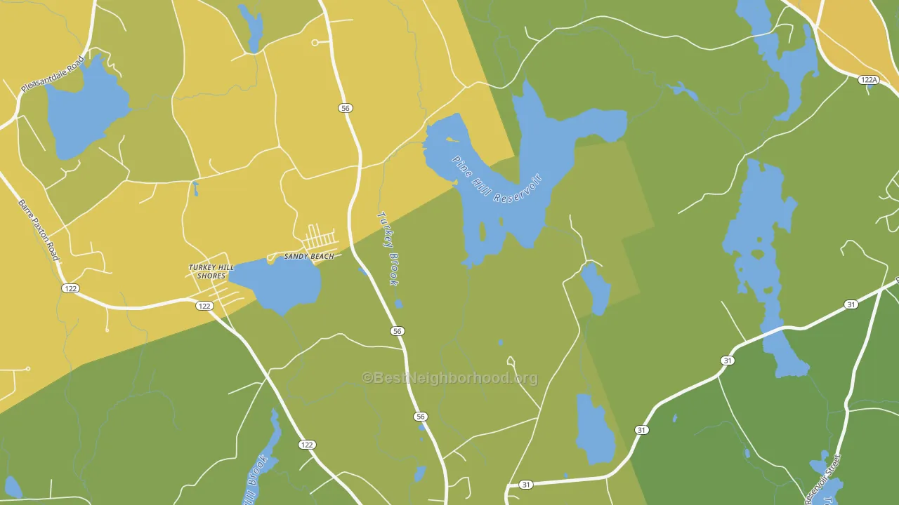 Map of the best neighborhoods in the Sandy Beach area, with better matches in green and worse matches in red