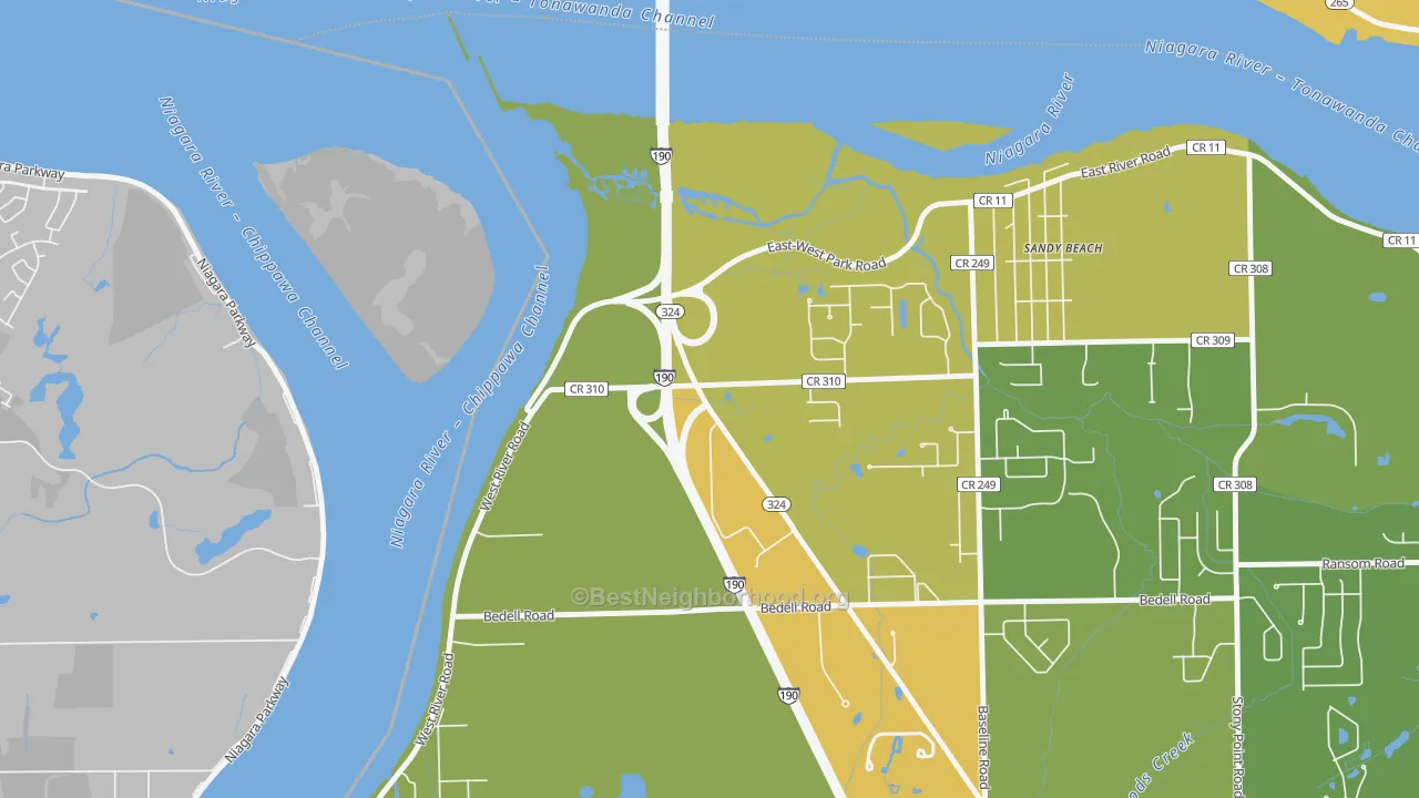 Map of the best neighborhoods in the Sandy Beach area, with better matches in green and worse matches in red