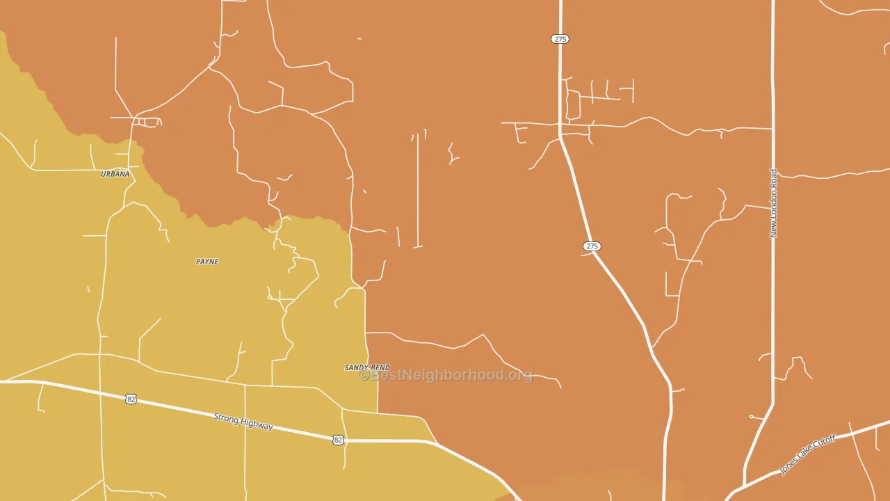 Map of the best neighborhoods in the Sandy Bend area, with better matches in green and worse matches in red