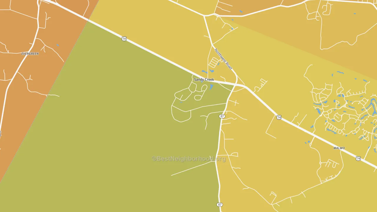 Map of the best neighborhoods in the Sandy Creek area, with better matches in green and worse matches in red