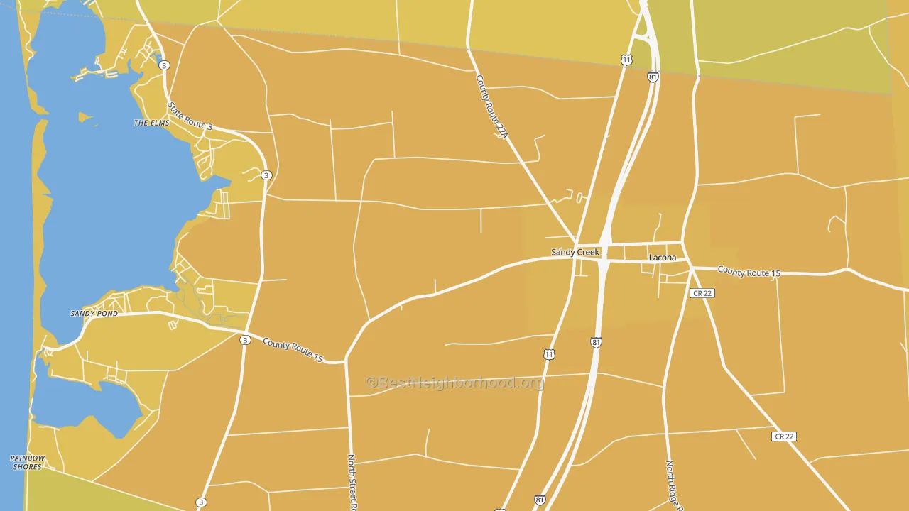 Map of the best neighborhoods in the Sandy Creek area, with better matches in green and worse matches in red