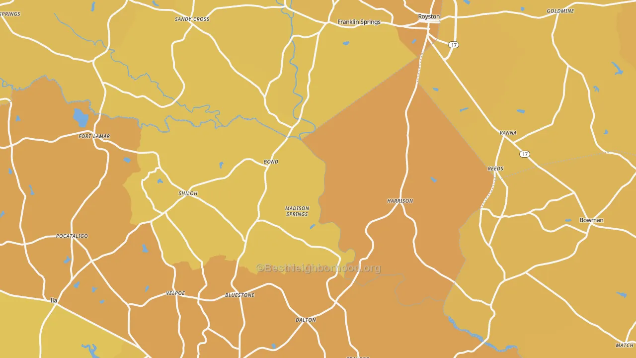 Map of the best neighborhoods in the Sandy Cross area, with better matches in green and worse matches in red