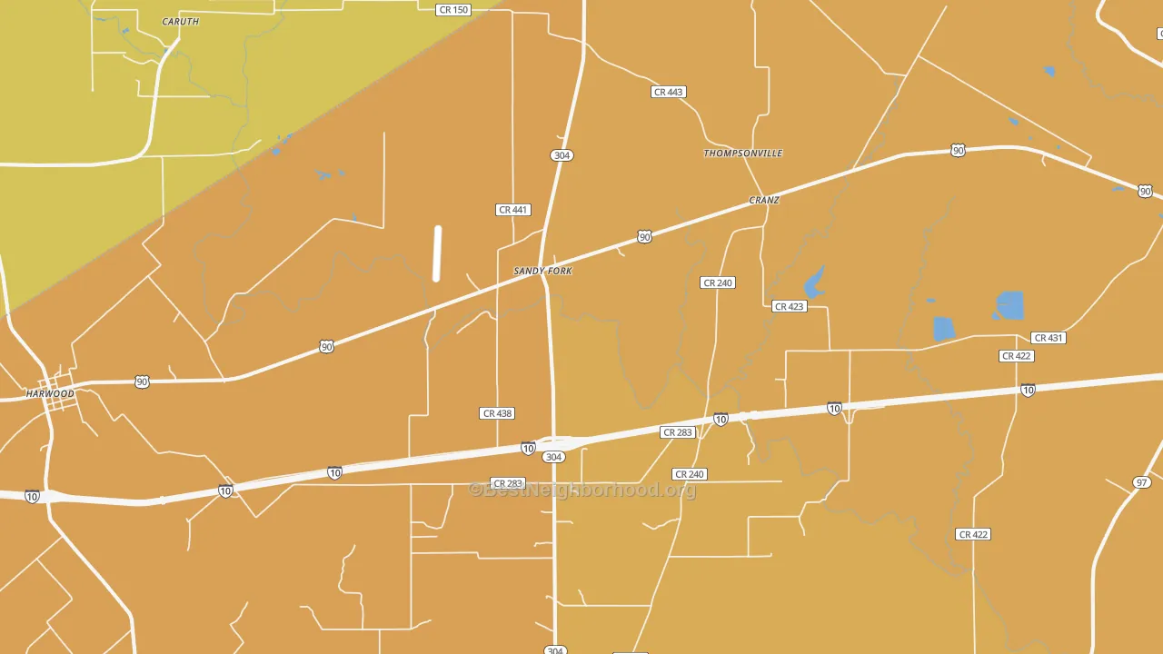 Map of the best neighborhoods in the Sandy Fork area, with better matches in green and worse matches in red