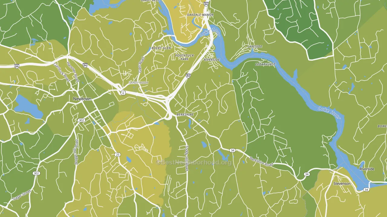 Map of the best neighborhoods in the Sandy Hook area, with better matches in green and worse matches in red