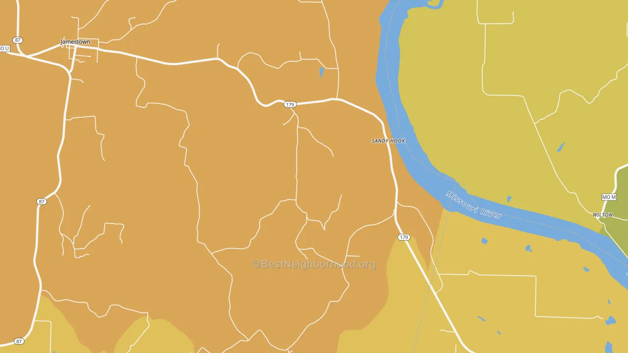 Map of the best neighborhoods in the Sandy Hook area, with better matches in green and worse matches in red