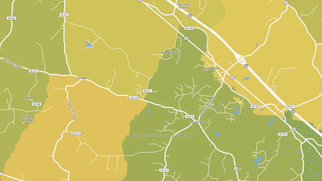 Map of the best neighborhoods in the Sandy Hook area, with better matches in green and worse matches in red