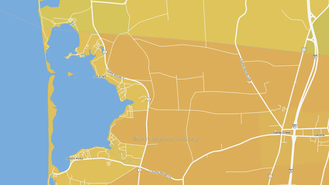 Map of the best neighborhoods in the Sandy Pond area, with better matches in green and worse matches in red