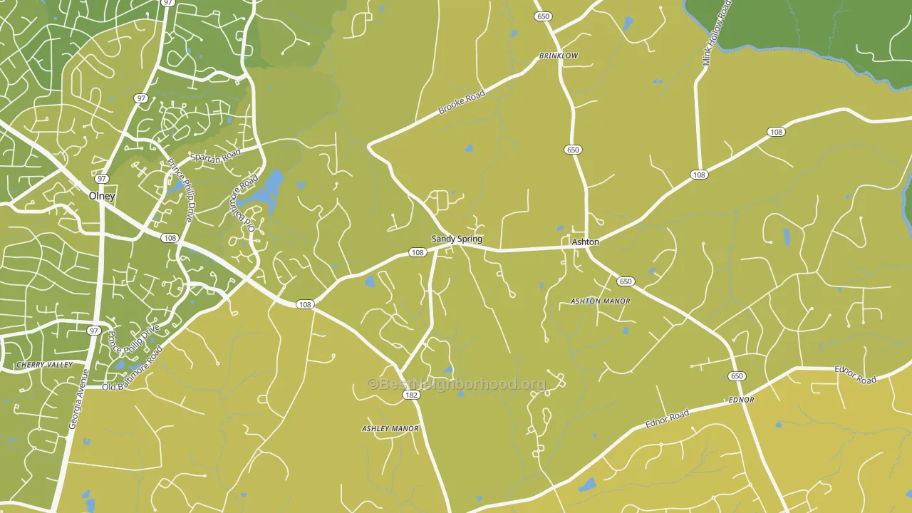 Map of the best neighborhoods in the Sandy Spring area, with better matches in green and worse matches in red