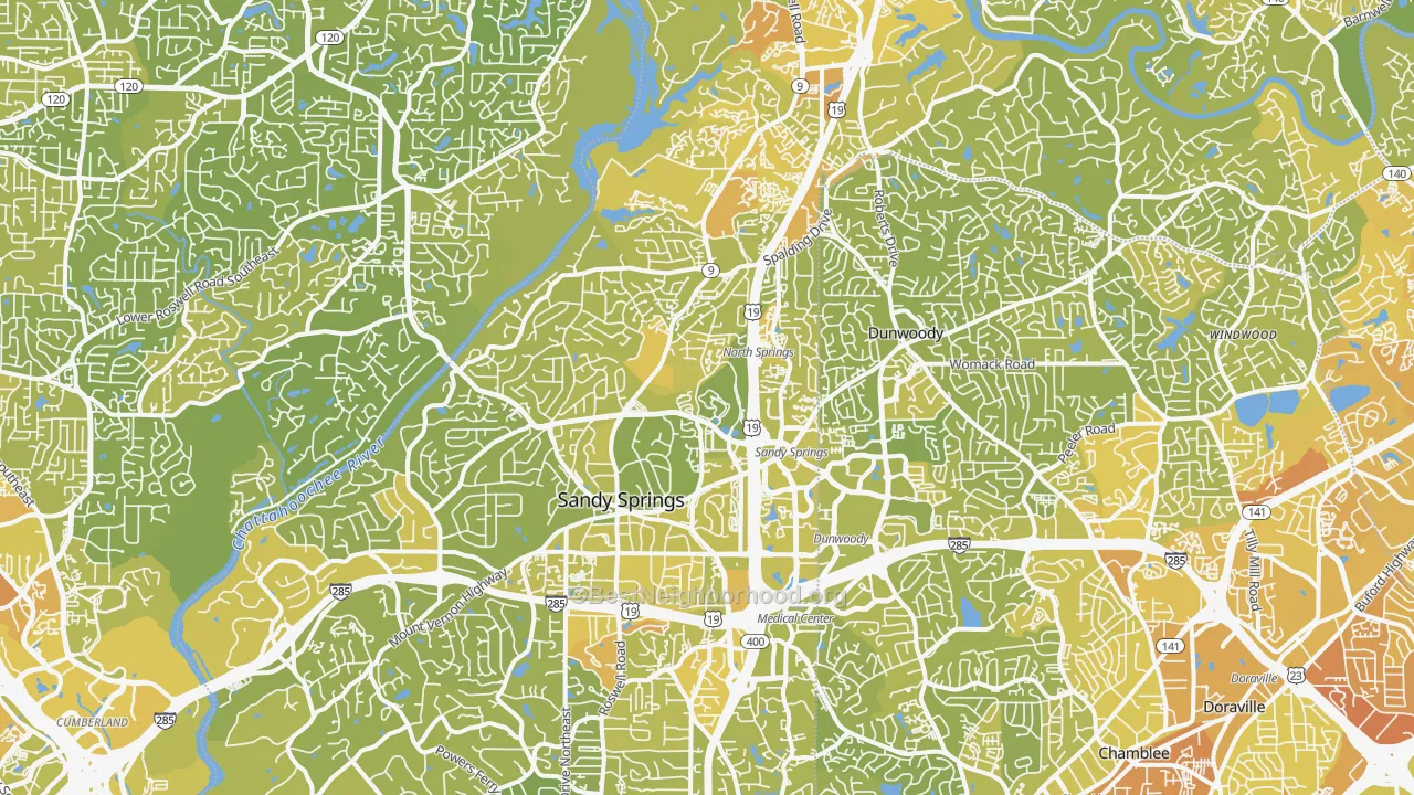 Map of the best neighborhoods in the Sandy Springs area, with better matches in green and worse matches in red