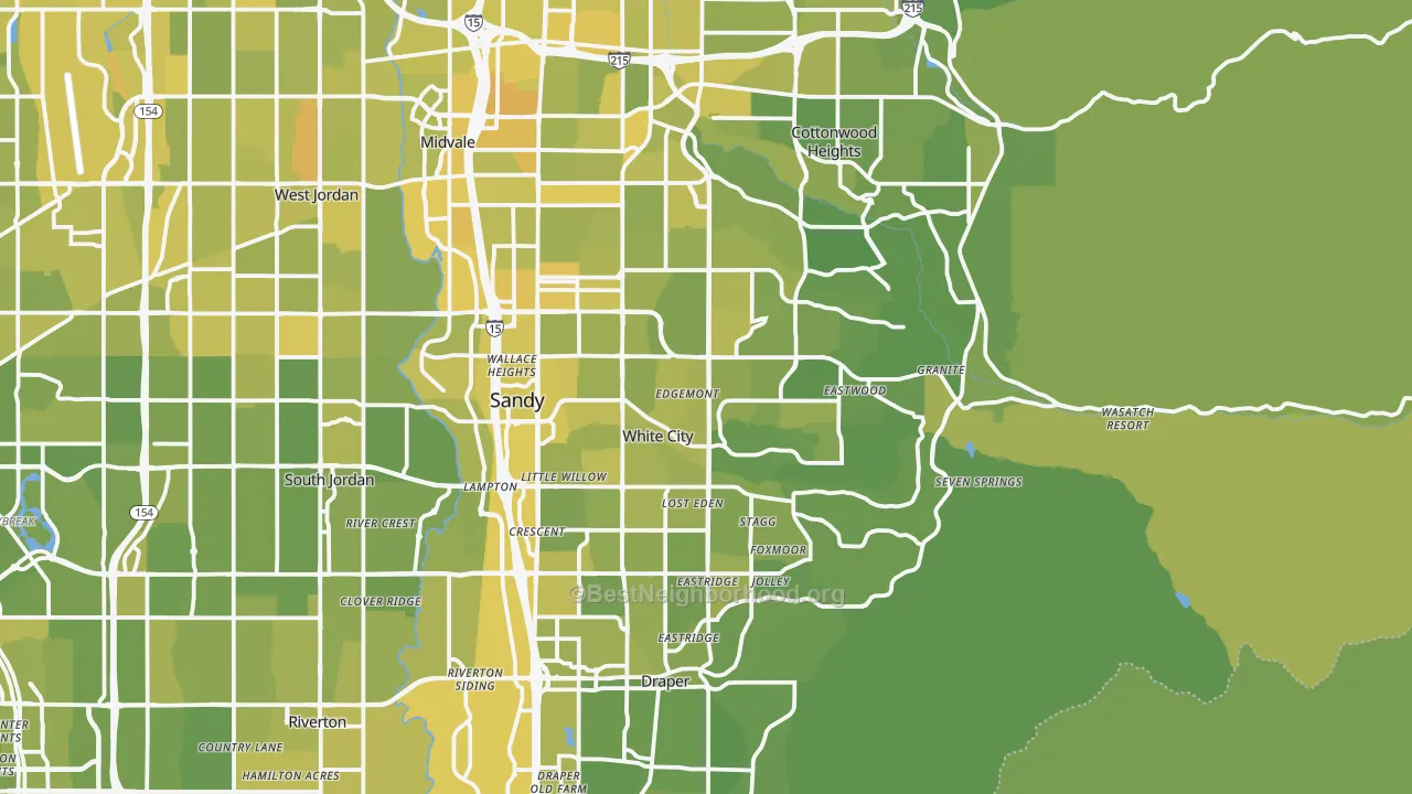 Map of the best neighborhoods in the Sandy area, with better matches in green and worse matches in red