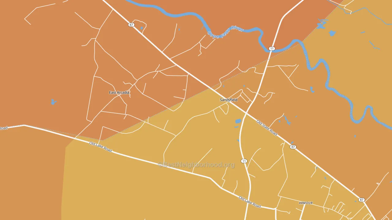Map of the best neighborhoods in the Sandyfield area, with better matches in green and worse matches in red