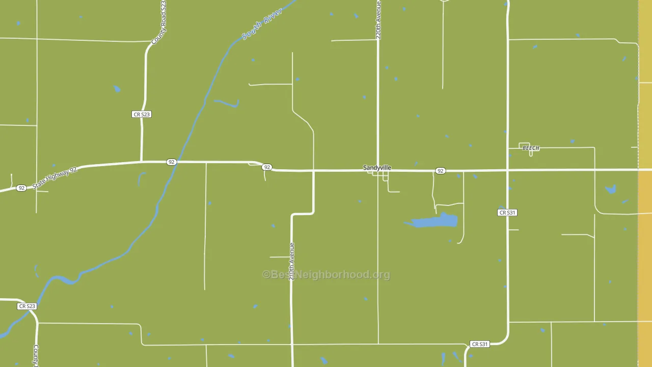 Map of the best neighborhoods in the Sandyville area, with better matches in green and worse matches in red