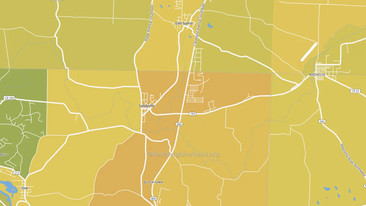 Map of the best neighborhoods in the Sandyville area, with better matches in green and worse matches in red