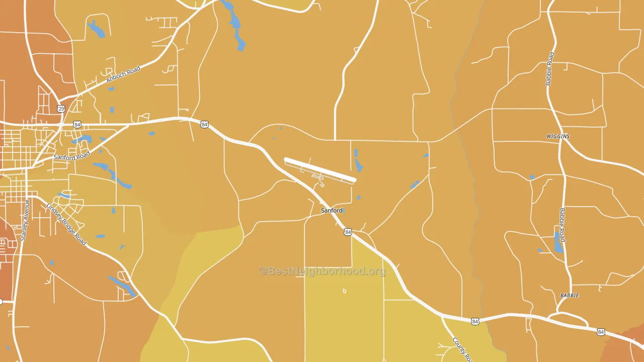 Map of the best neighborhoods in the Sanford area, with better matches in green and worse matches in red