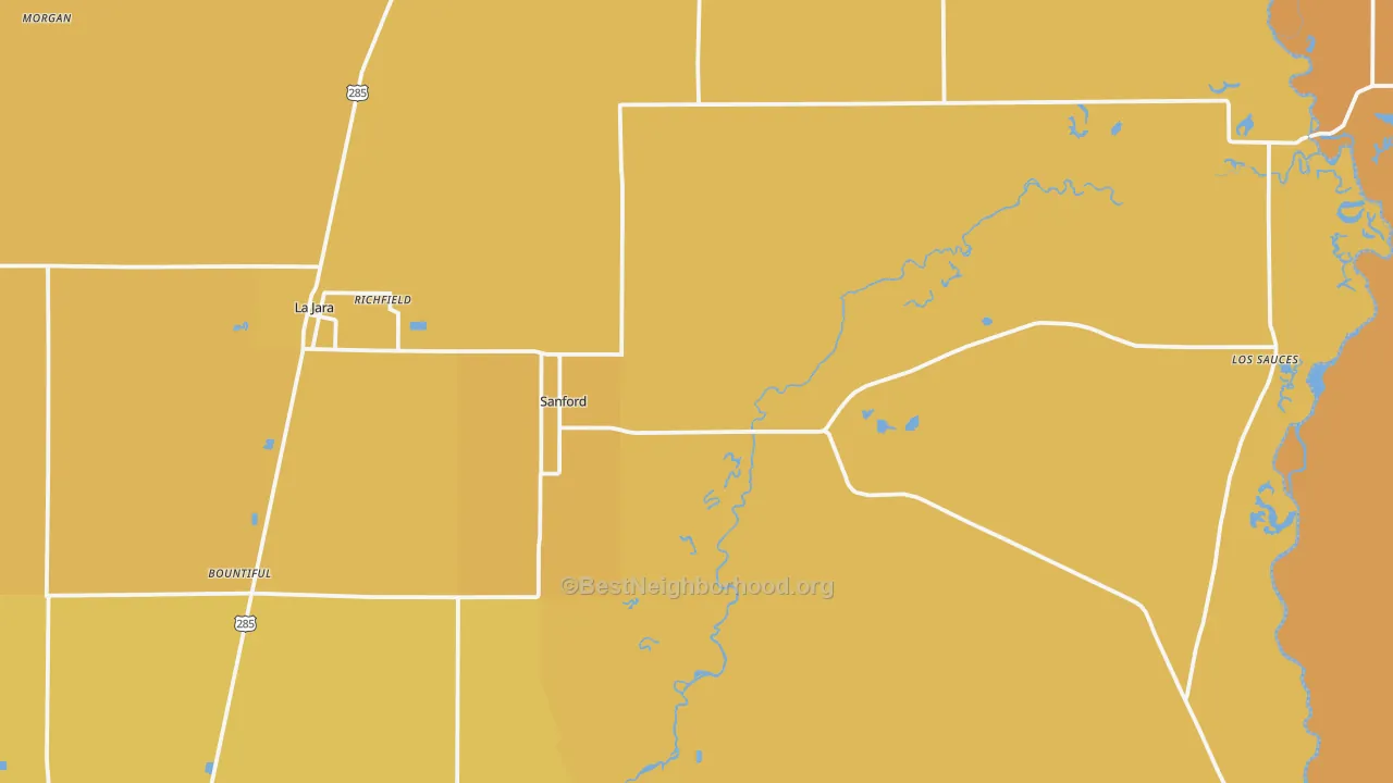Map of the best neighborhoods in the Sanford area, with better matches in green and worse matches in red