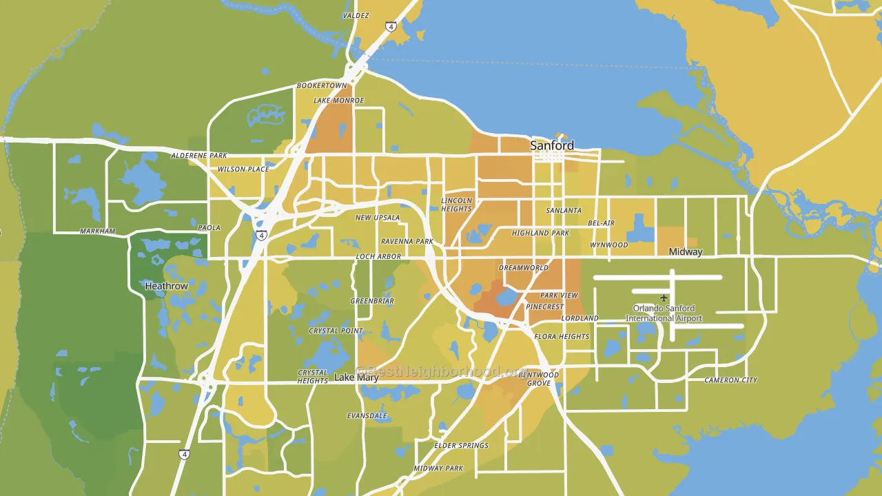 Map of the best neighborhoods in the Sanford area, with better matches in green and worse matches in red