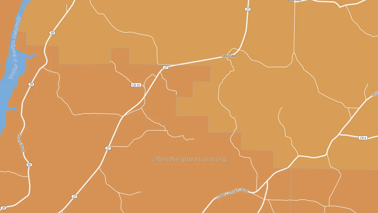 Map of the best neighborhoods in the Sanford area, with better matches in green and worse matches in red