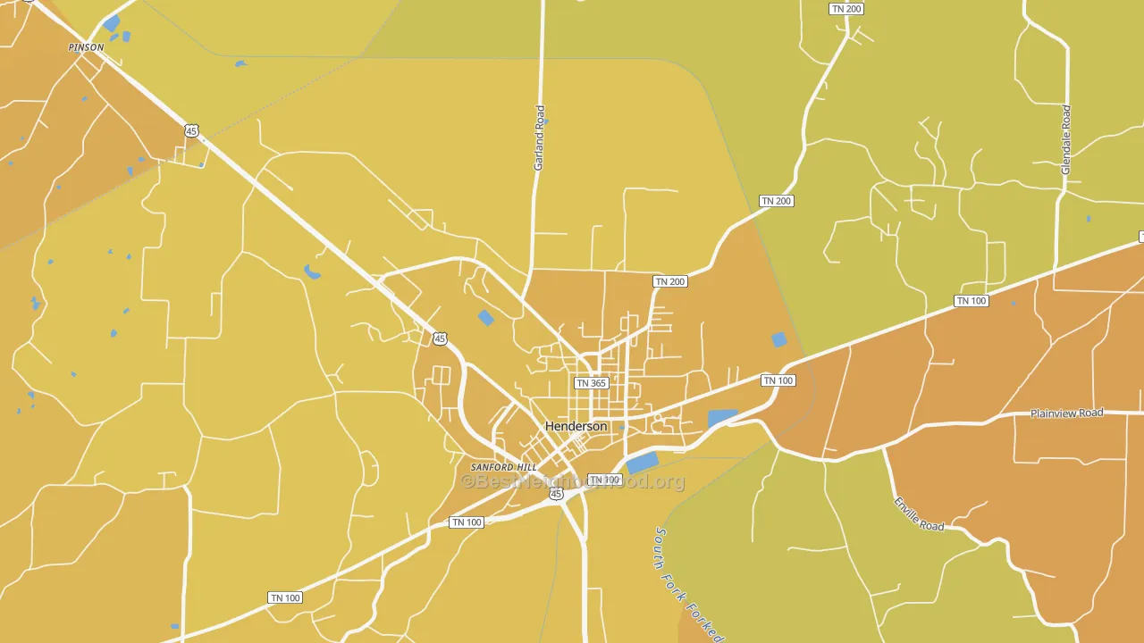 Map of the best neighborhoods in the Sanford Hill area, with better matches in green and worse matches in red