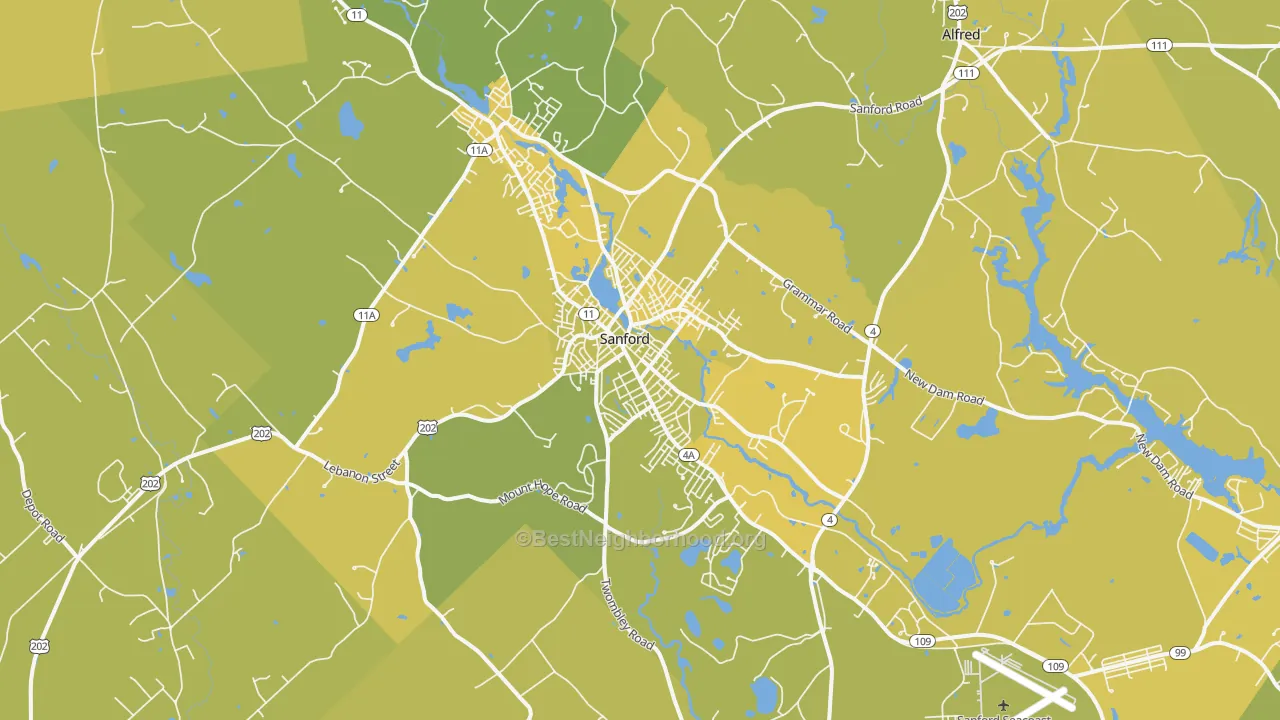 Map of the best neighborhoods in the Sanford area, with better matches in green and worse matches in red