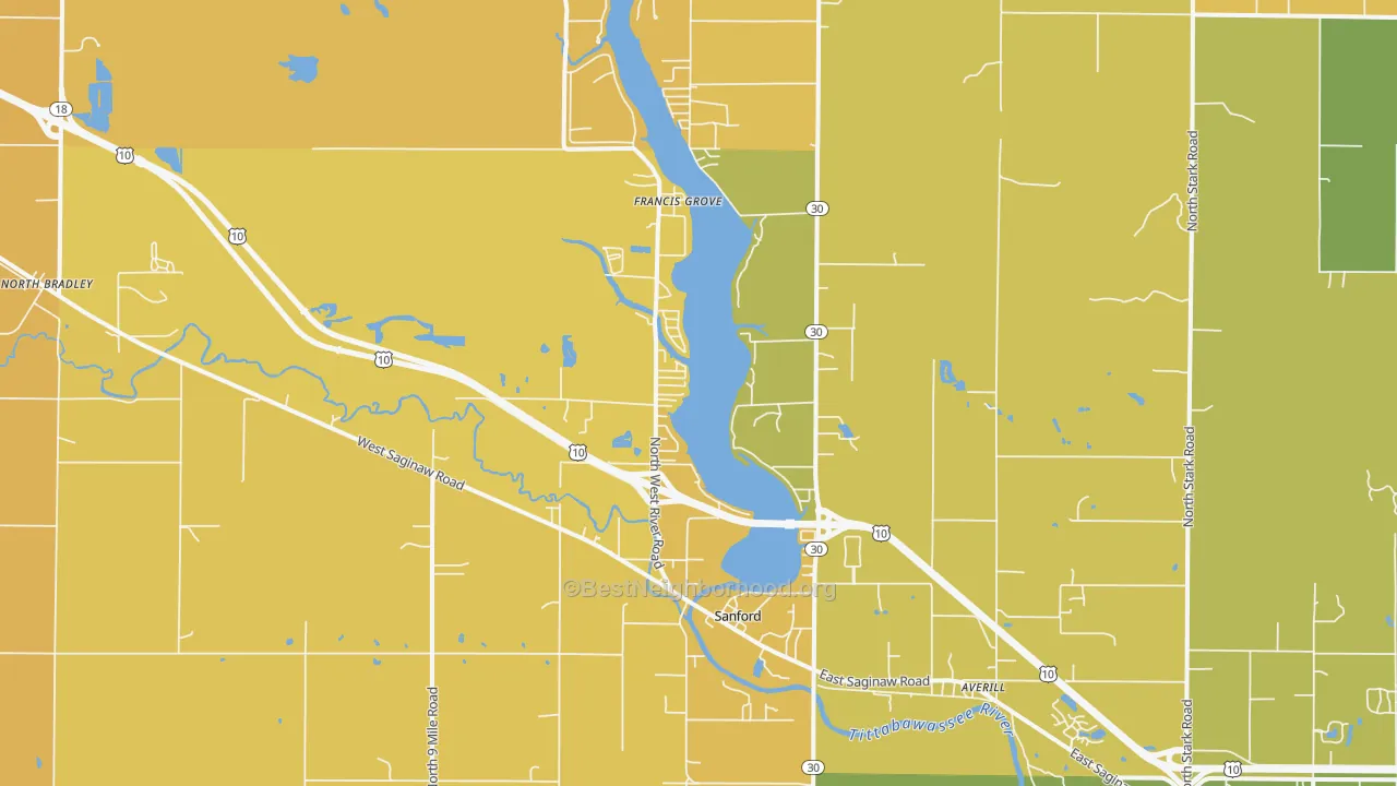 Map of the best neighborhoods in the Sanford area, with better matches in green and worse matches in red