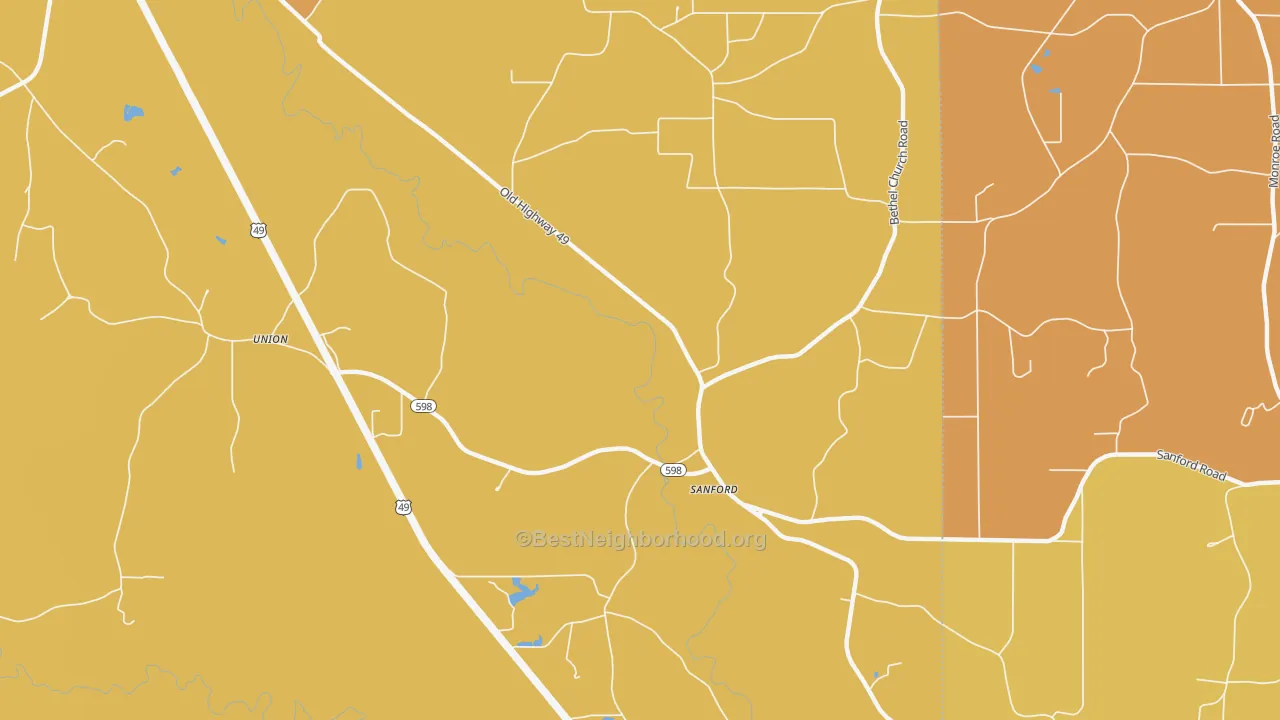 Map of the best neighborhoods in the Sanford area, with better matches in green and worse matches in red