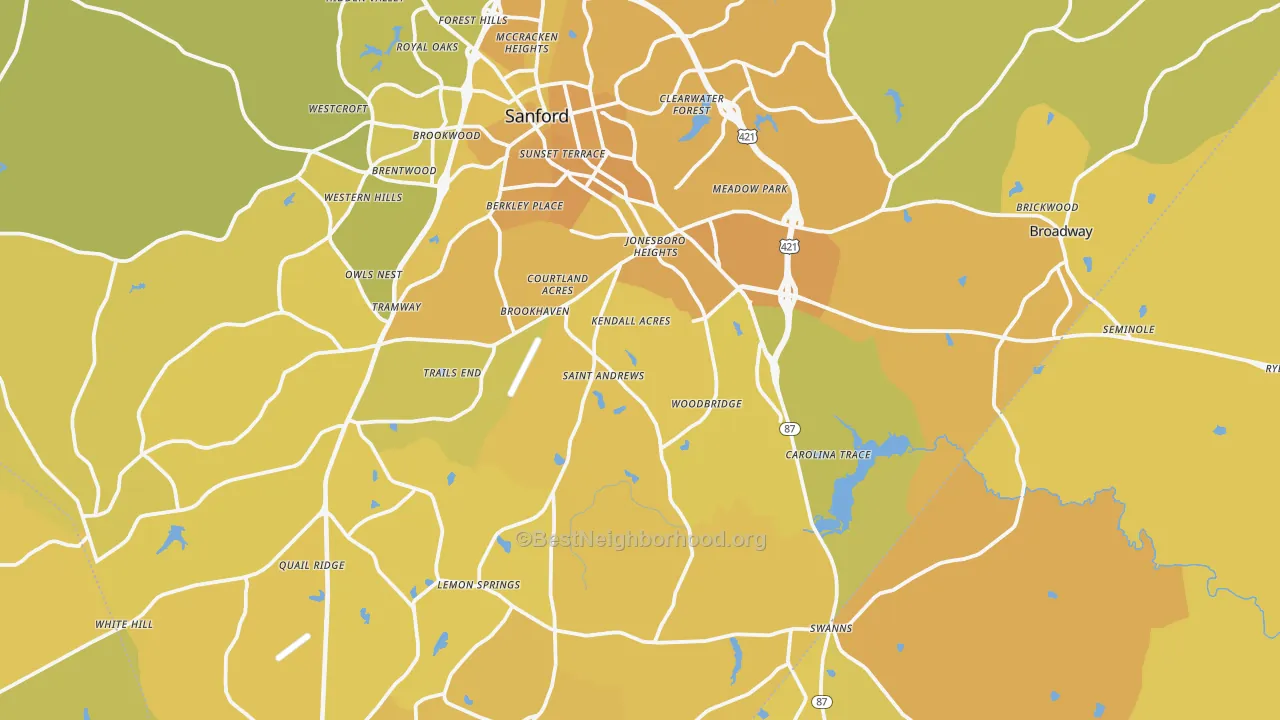 Map of the best neighborhoods in the Sanford area, with better matches in green and worse matches in red