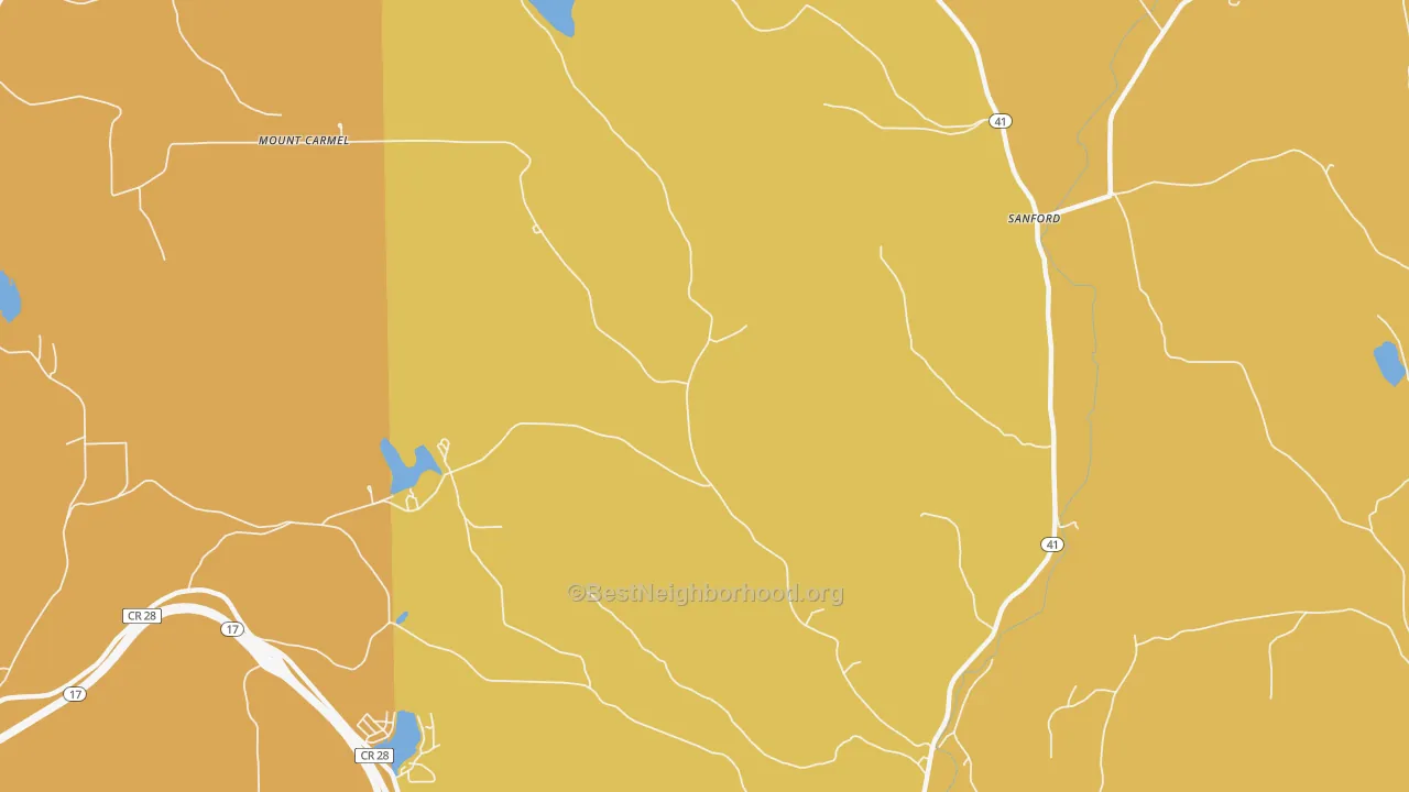 Map of the best neighborhoods in the Sanford area, with better matches in green and worse matches in red