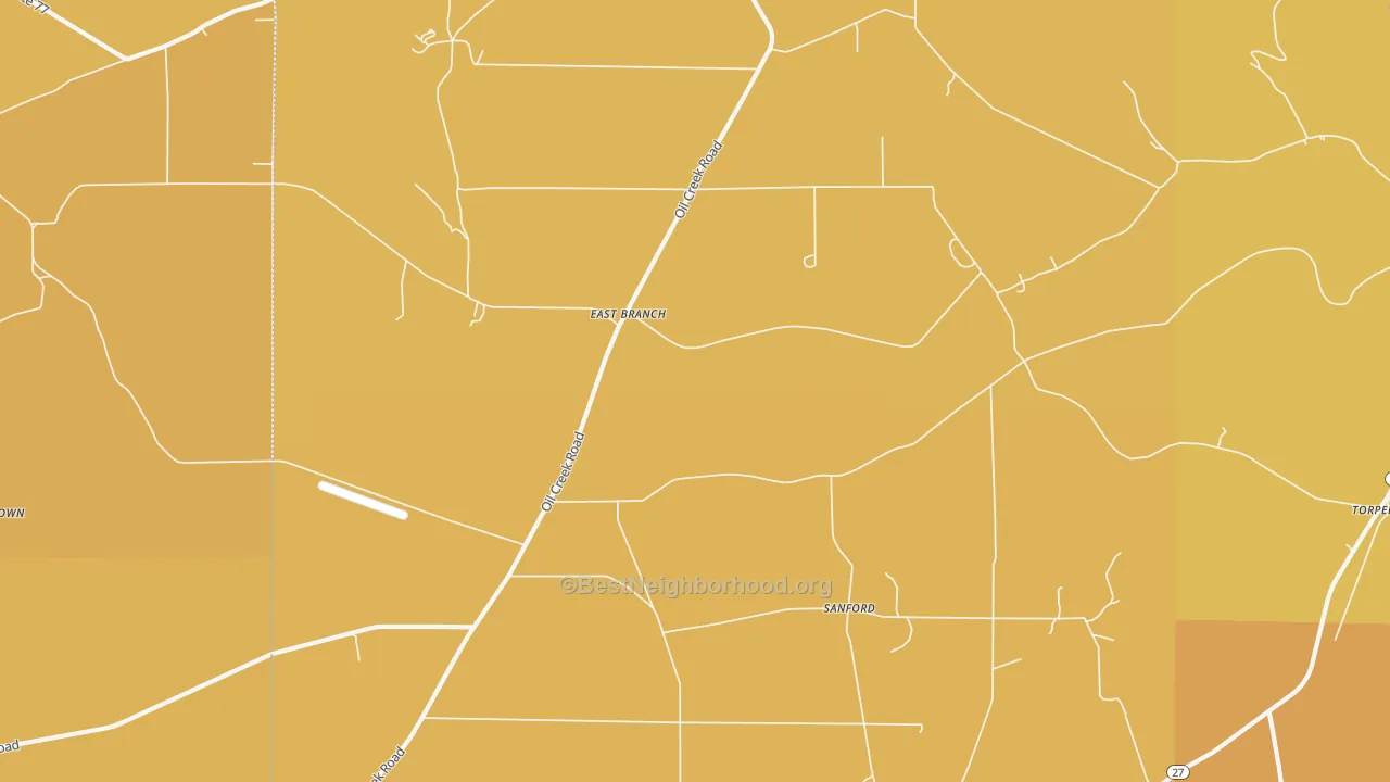 Map of the best neighborhoods in the Sanford area, with better matches in green and worse matches in red