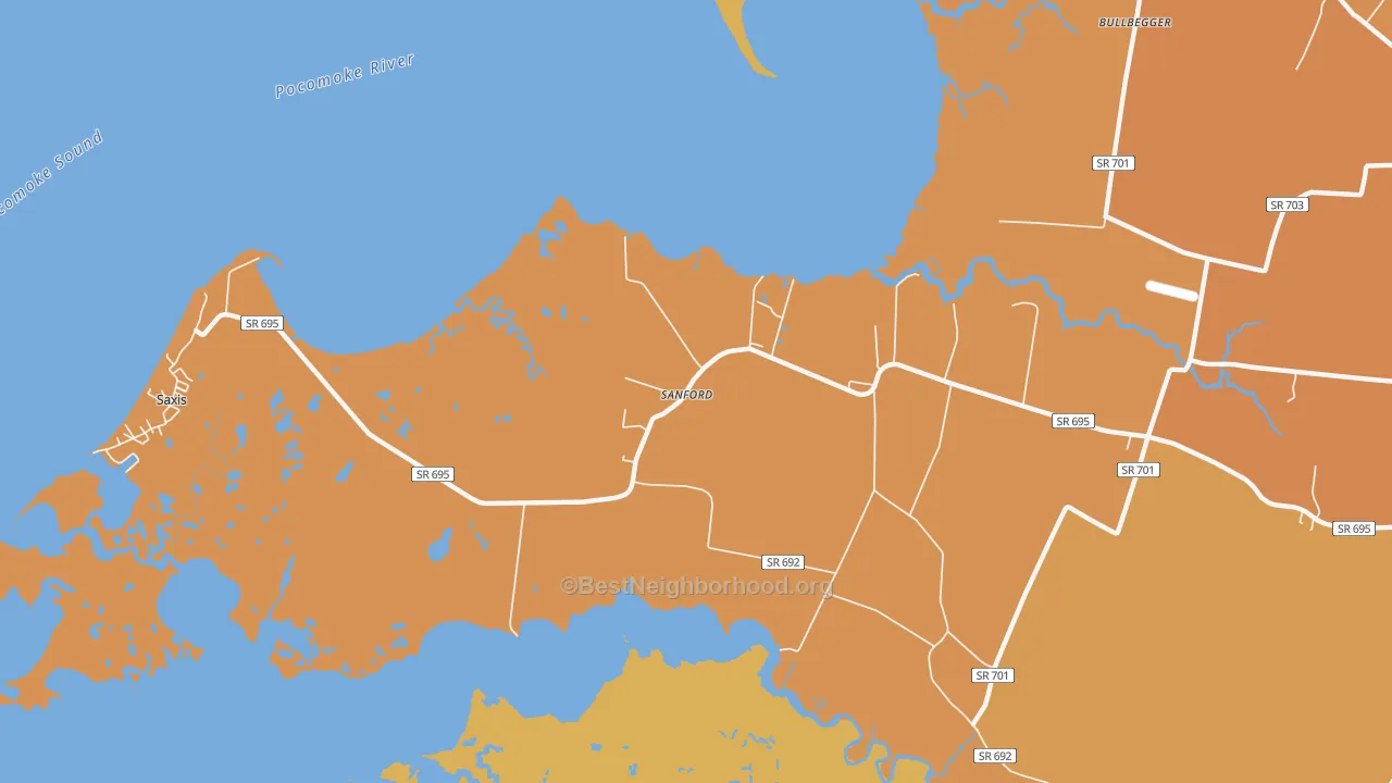 Map of the best neighborhoods in the Sanford area, with better matches in green and worse matches in red