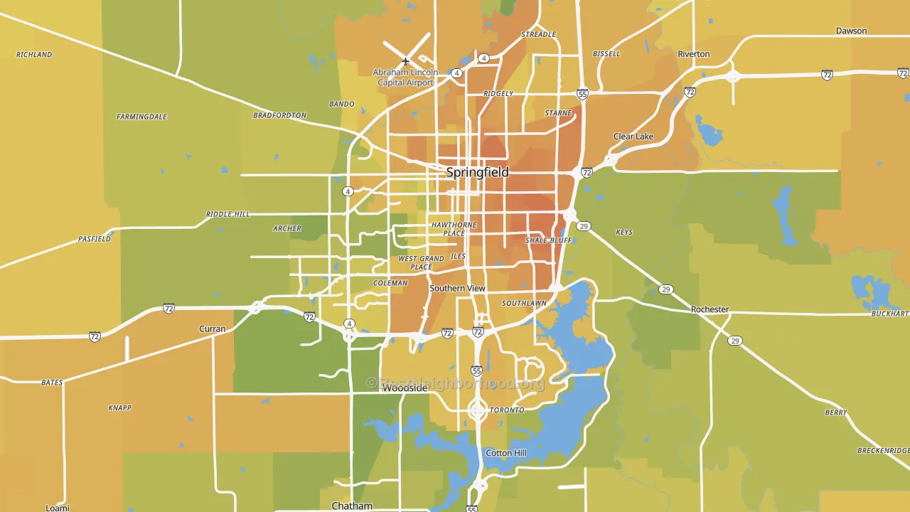 Map of the best neighborhoods in the Sangamon County area, with better matches in green and worse matches in red
