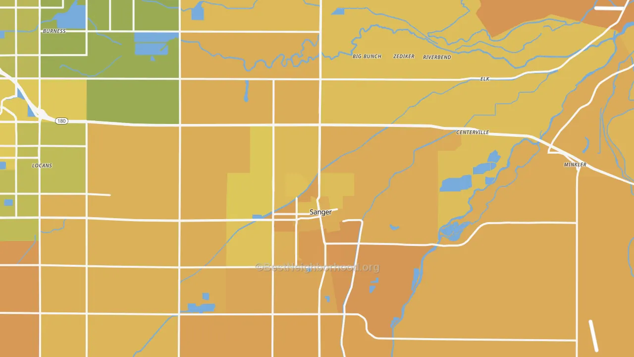 Map of the best neighborhoods in the Sanger area, with better matches in green and worse matches in red