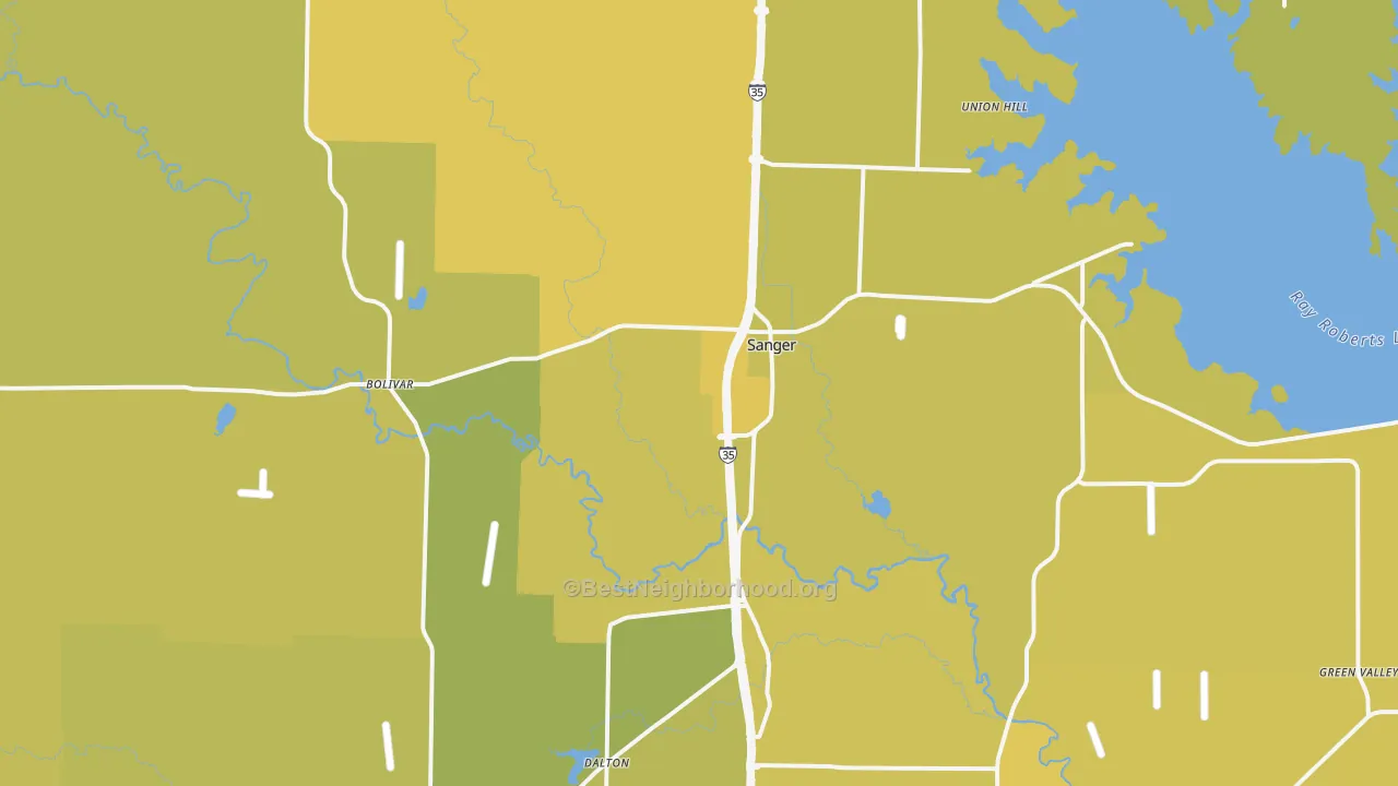 Map of the best neighborhoods in the Sanger area, with better matches in green and worse matches in red