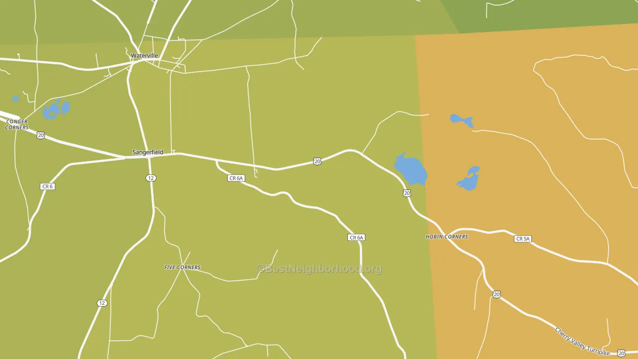 Map of the best neighborhoods in the Sangerfield area, with better matches in green and worse matches in red