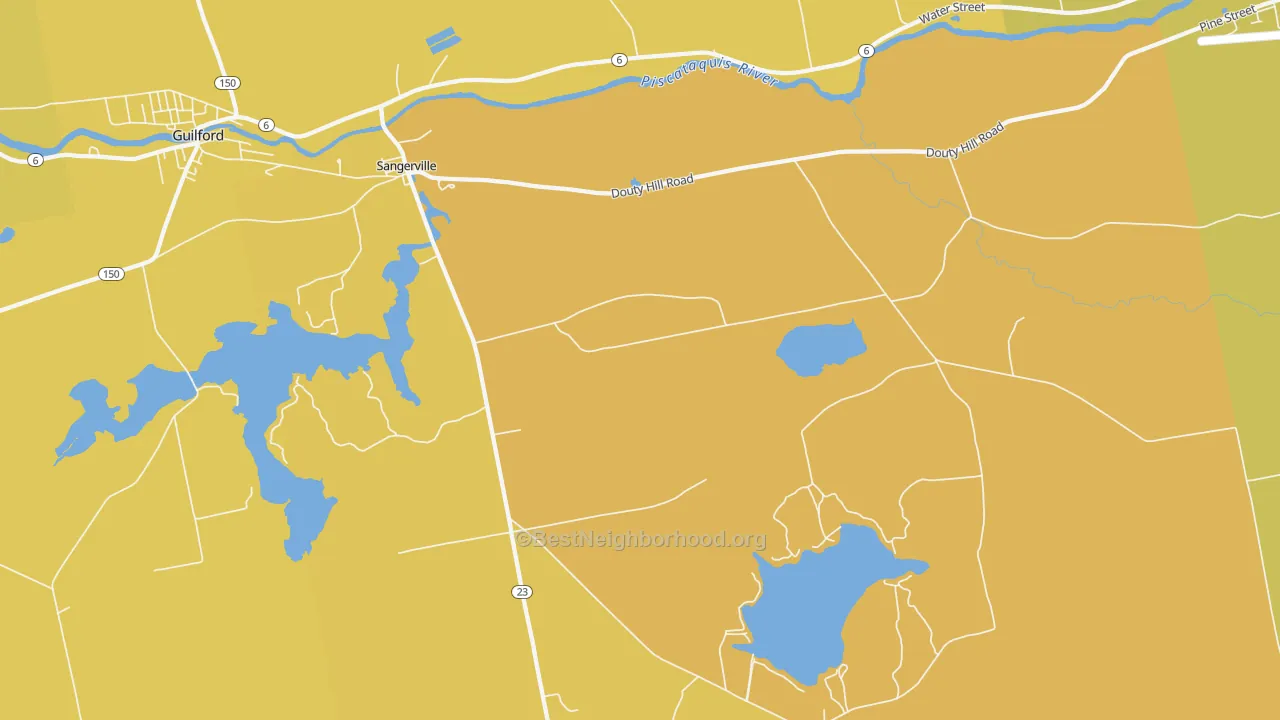 Map of the best neighborhoods in the Sangerville area, with better matches in green and worse matches in red