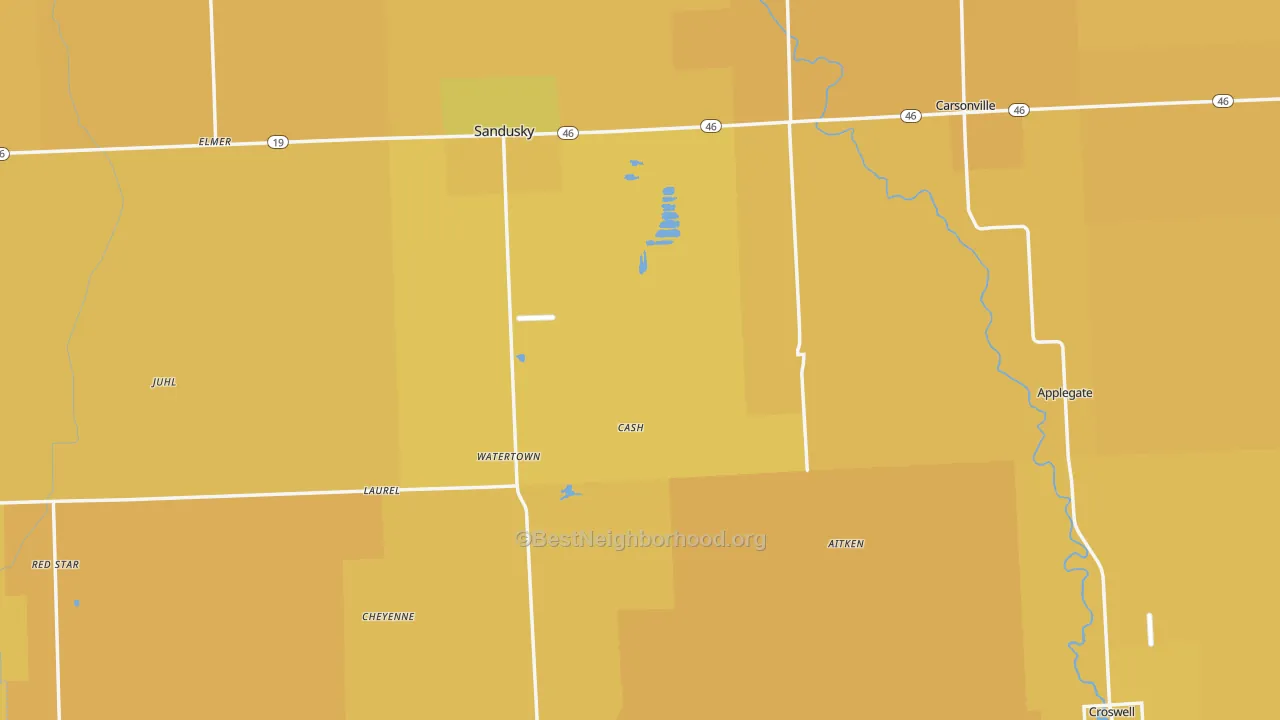Map of the best neighborhoods in the Sanilac County area, with better matches in green and worse matches in red