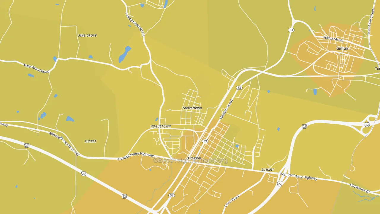 Map of the best neighborhoods in the Sankertown area, with better matches in green and worse matches in red
