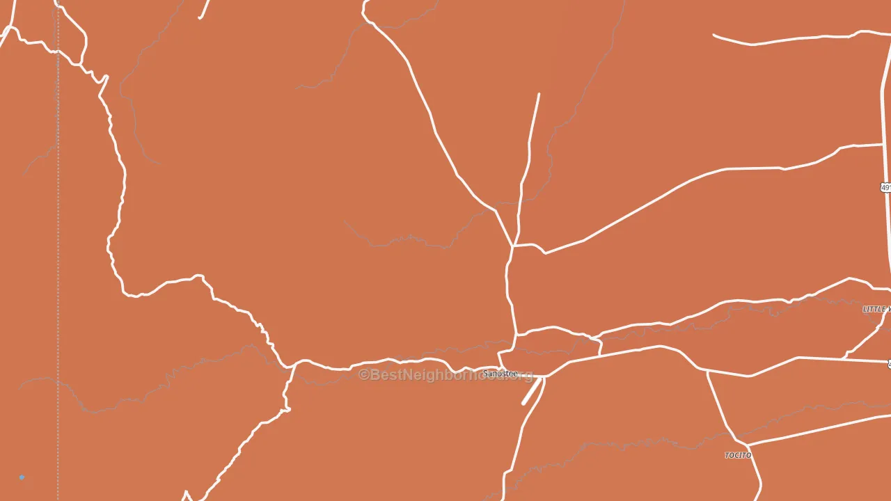 Map of the best neighborhoods in the Sanostee area, with better matches in green and worse matches in red