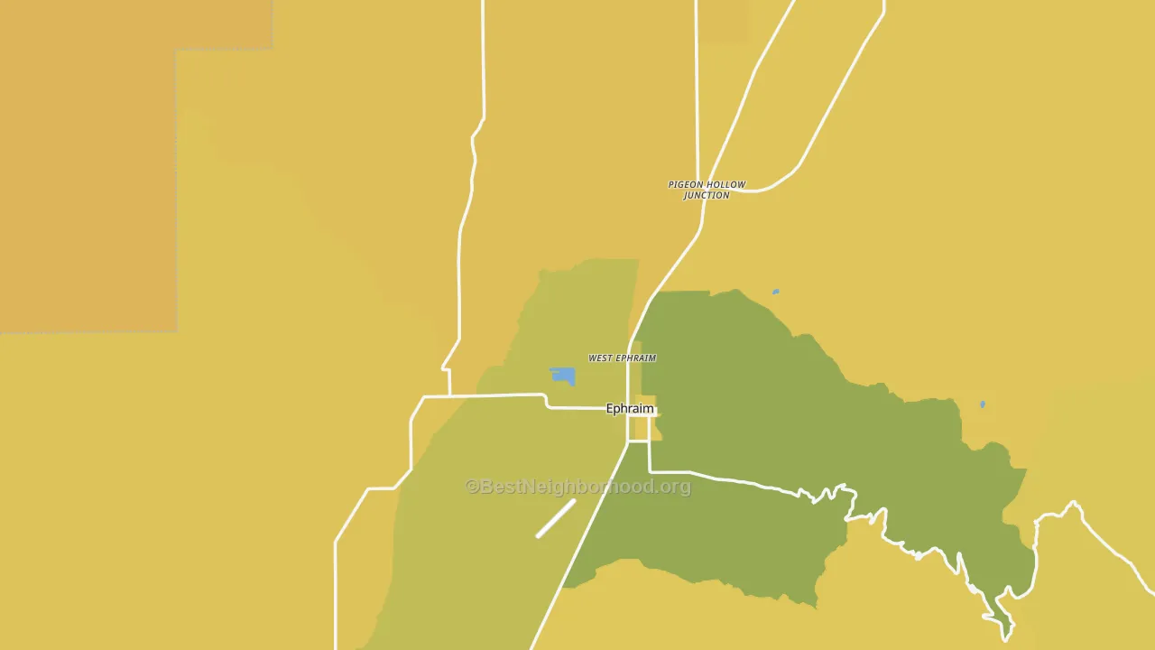 Map of the best neighborhoods in the Sanpete County area, with better matches in green and worse matches in red