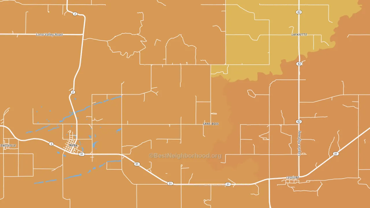 Map of the best neighborhoods in the Sans Bois area, with better matches in green and worse matches in red