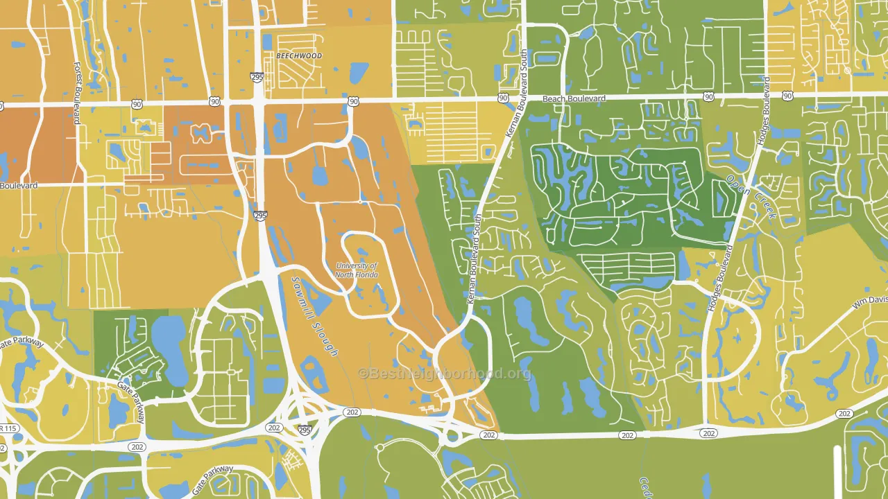 Map of the best neighborhoods in the Sans Pareil, Jacksonville area, with better matches in green and worse matches in red
