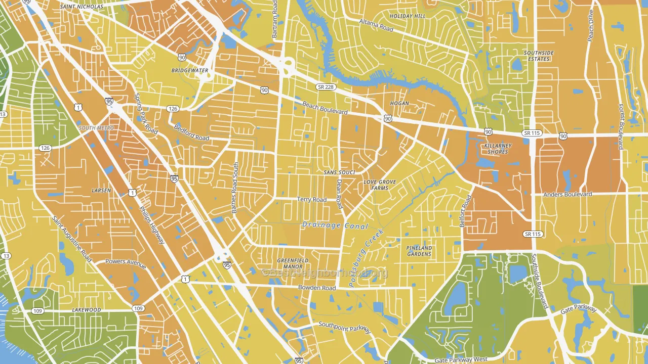 Map of the best neighborhoods in the Sans Souci, Jacksonville area, with better matches in green and worse matches in red