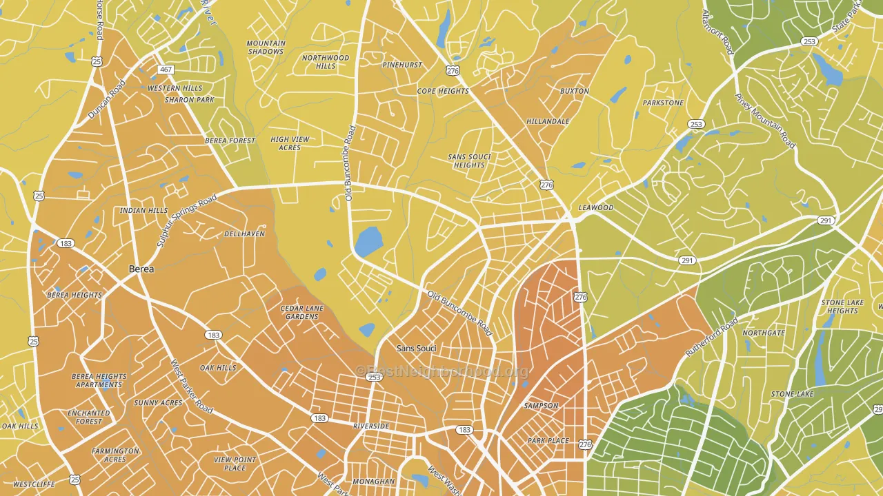 Map of the best neighborhoods in the Sans Souci area, with better matches in green and worse matches in red