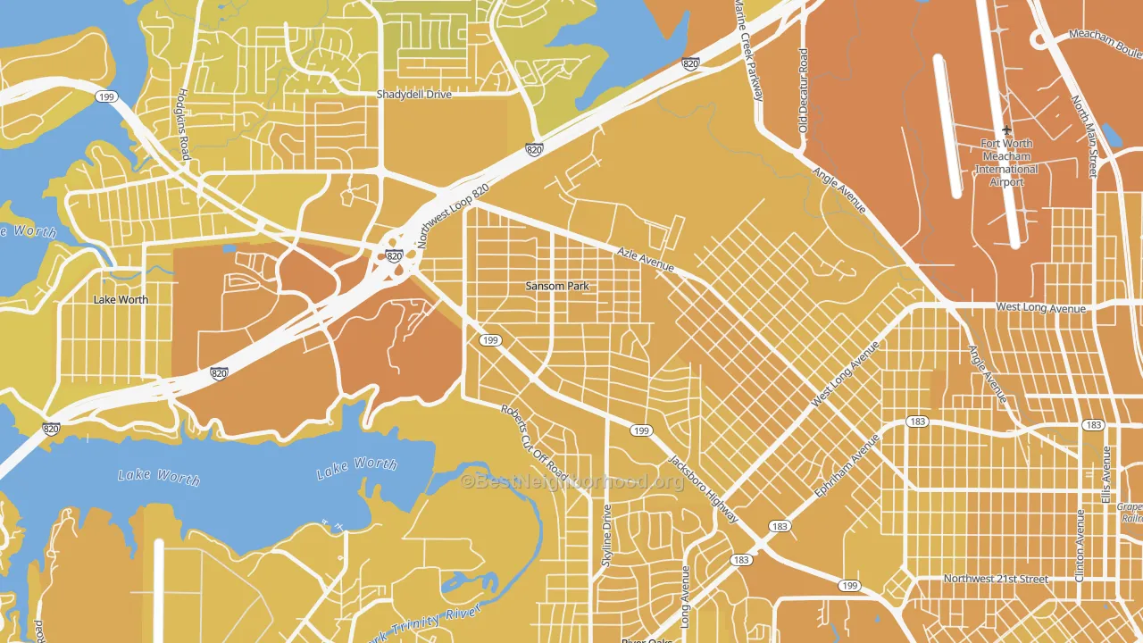 Map of the best neighborhoods in the Sansom Park area, with better matches in green and worse matches in red