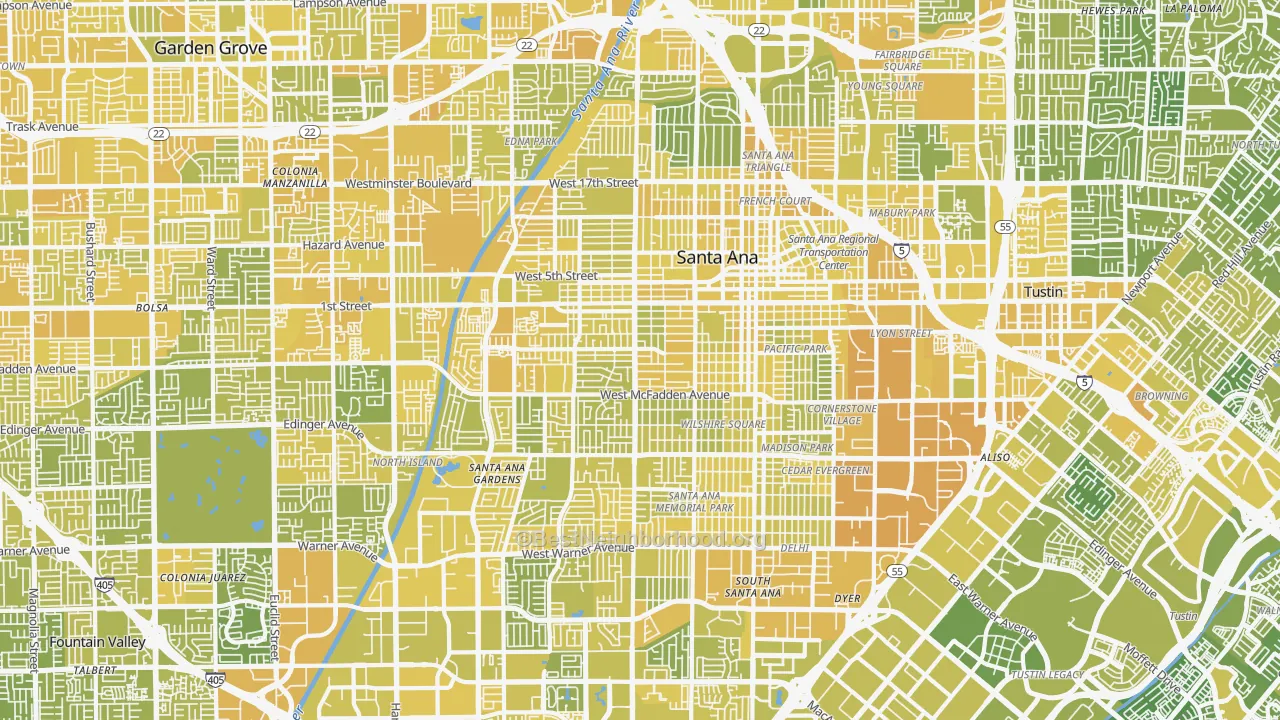 Map of the best neighborhoods in the Santa Ana area, with better matches in green and worse matches in red