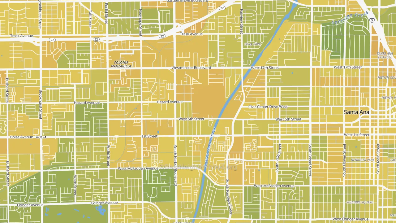 Map of the best neighborhoods in the Santa Anita, Santa Ana area, with better matches in green and worse matches in red