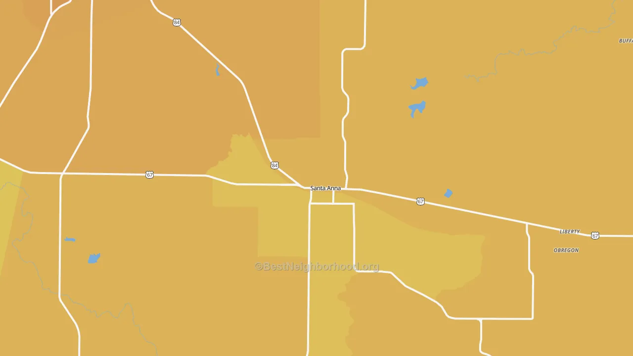 Map of the best neighborhoods in the Santa Anna area, with better matches in green and worse matches in red