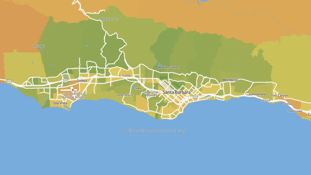 Map of the best neighborhoods in the Santa Barbara area, with better matches in green and worse matches in red