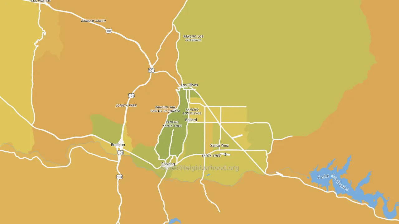 Map of the best neighborhoods in the Santa Barbara County area, with better matches in green and worse matches in red