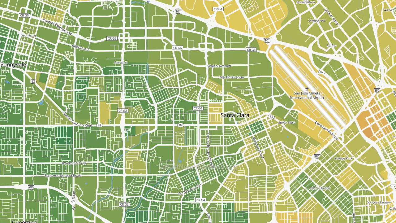 Map of the best neighborhoods in the Santa Clara area, with better matches in green and worse matches in red