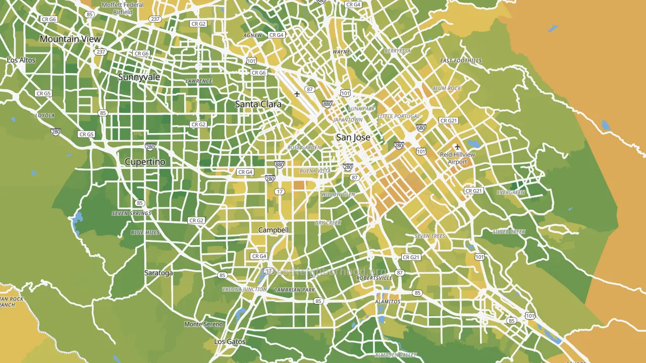 Map of the best neighborhoods in the Santa Clara County area, with better matches in green and worse matches in red